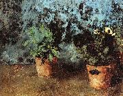 Carl Schuch Zwei Blumentopfe mit Stiefmutterchen oil painting on canvas